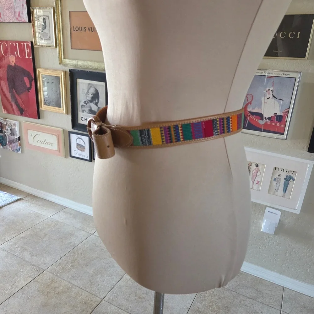 Vintage Boho Tan Leather‎ Woven Multi Color Belt Crafted in Guatemala Medium